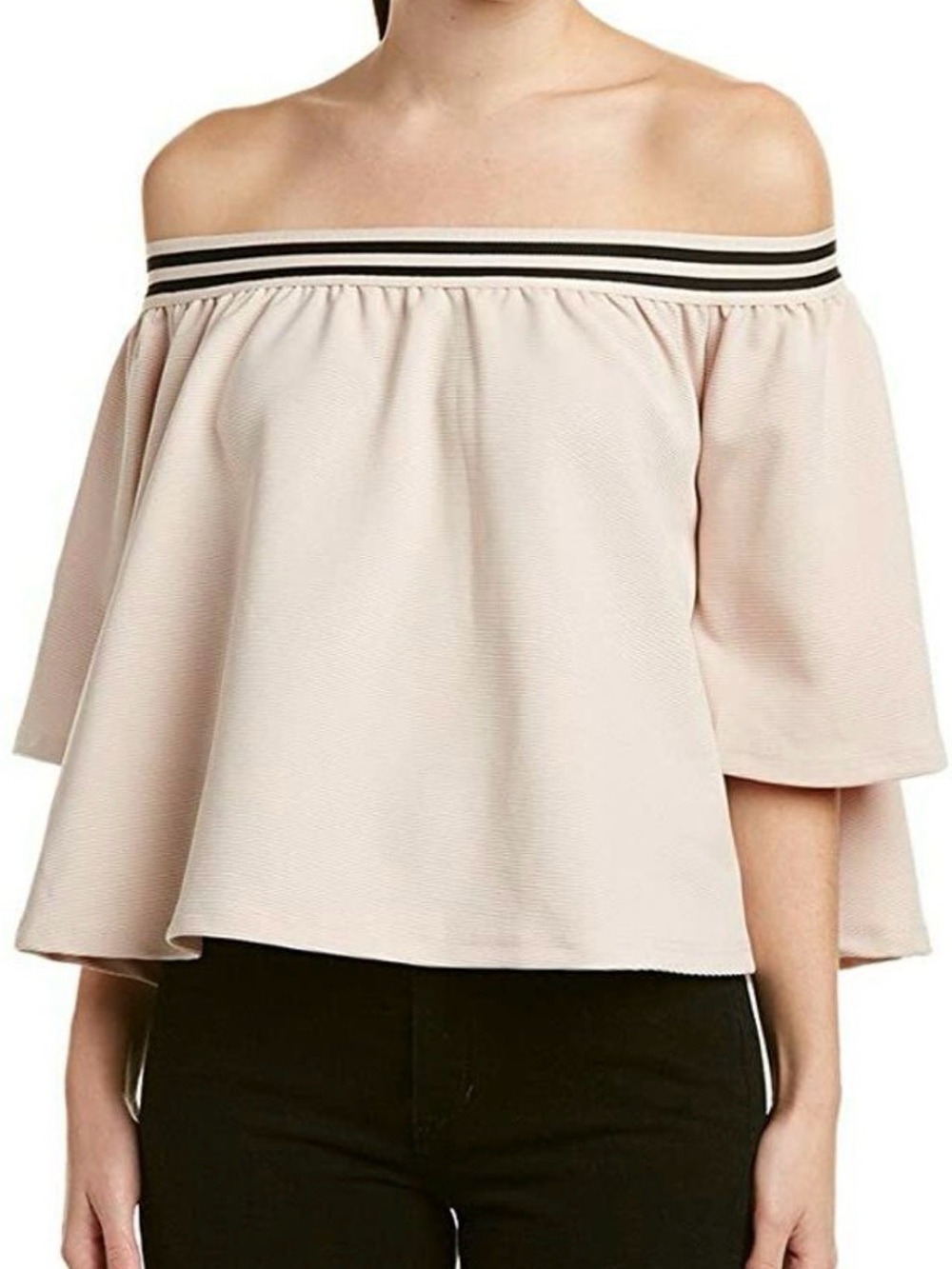 Off-Shoulder Pink Blouse with Striped Trim